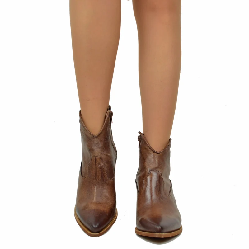 Stivaletti Texanini alla Caviglia Donna in Pelle Liscia Rag Cacao Made in Italy