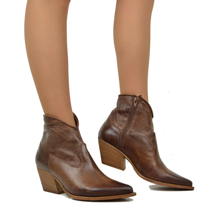 Stivaletti Texanini alla Caviglia Donna in Pelle Liscia Rag Cacao Made in Italy