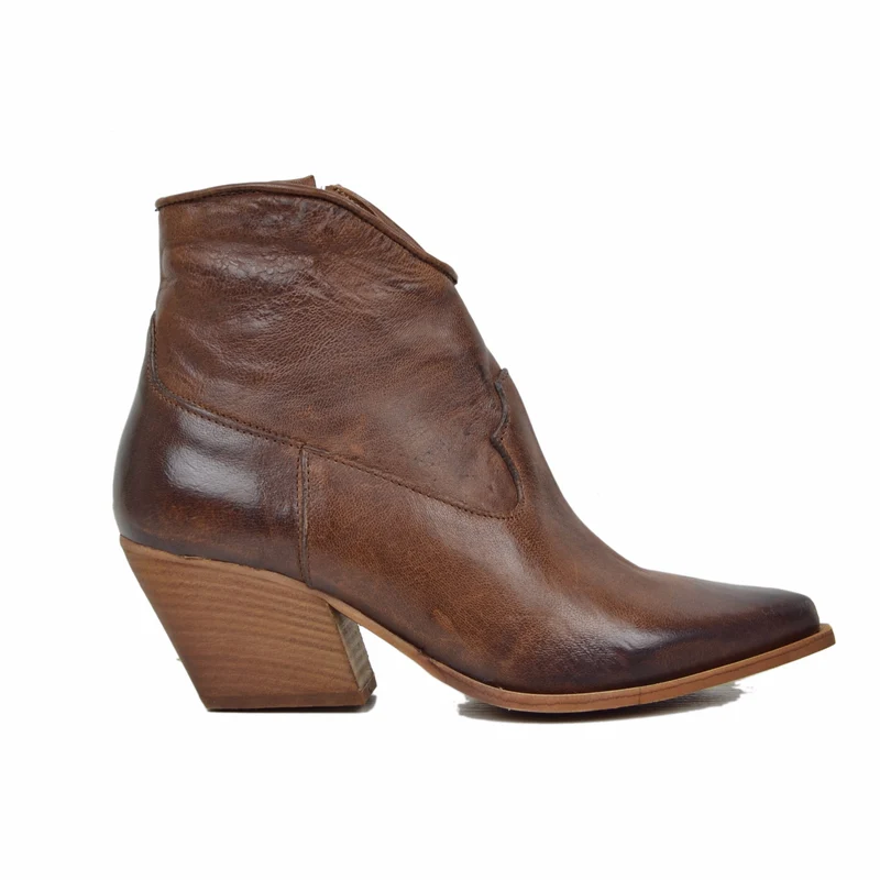 Stivaletti Texanini alla Caviglia Donna in Pelle Liscia Rag Cacao Made in Italy