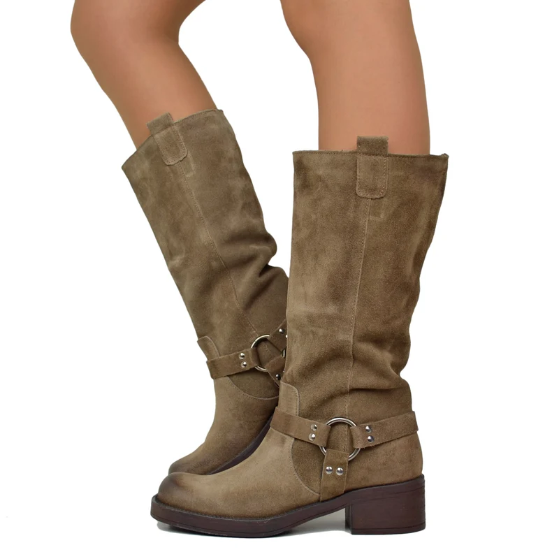 Stivali Donna Biker in Pelle Scamosciata con Punta Quadrata Taupe