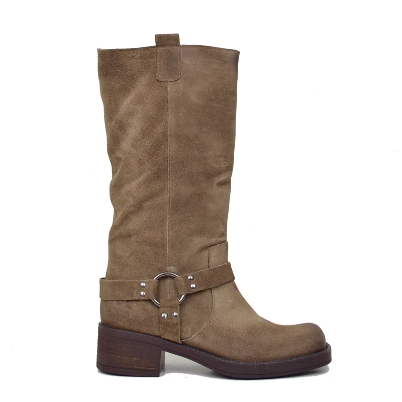 Stivali Donna Biker in Pelle Scamosciata con Punta Quadrata Taupe