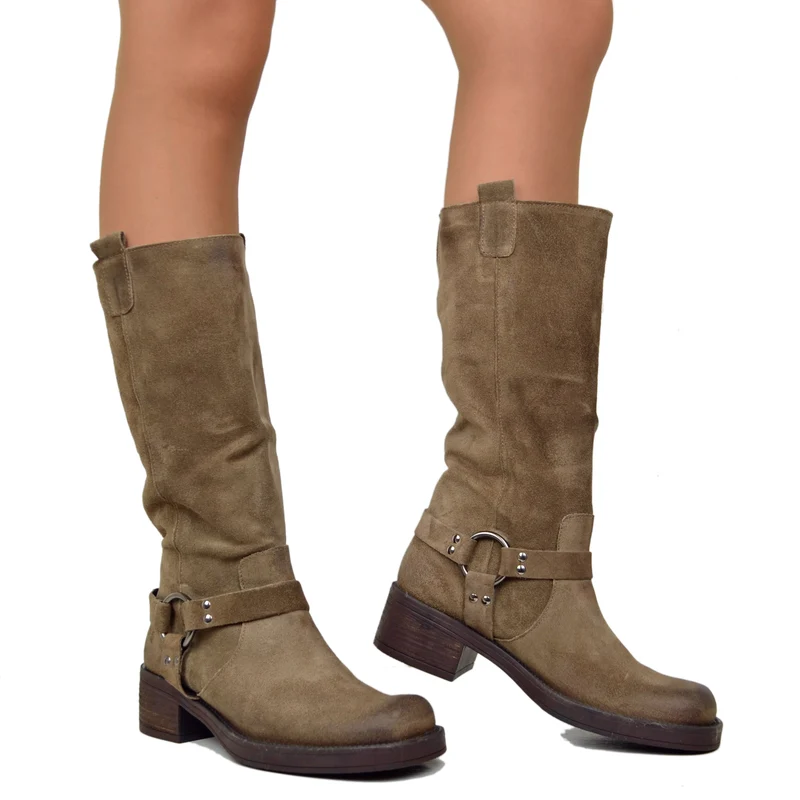 Stivali Donna Biker in Pelle Scamosciata con Punta Quadrata Taupe