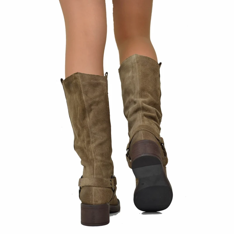 Stivali Donna Biker in Pelle Scamosciata con Punta Quadrata Taupe