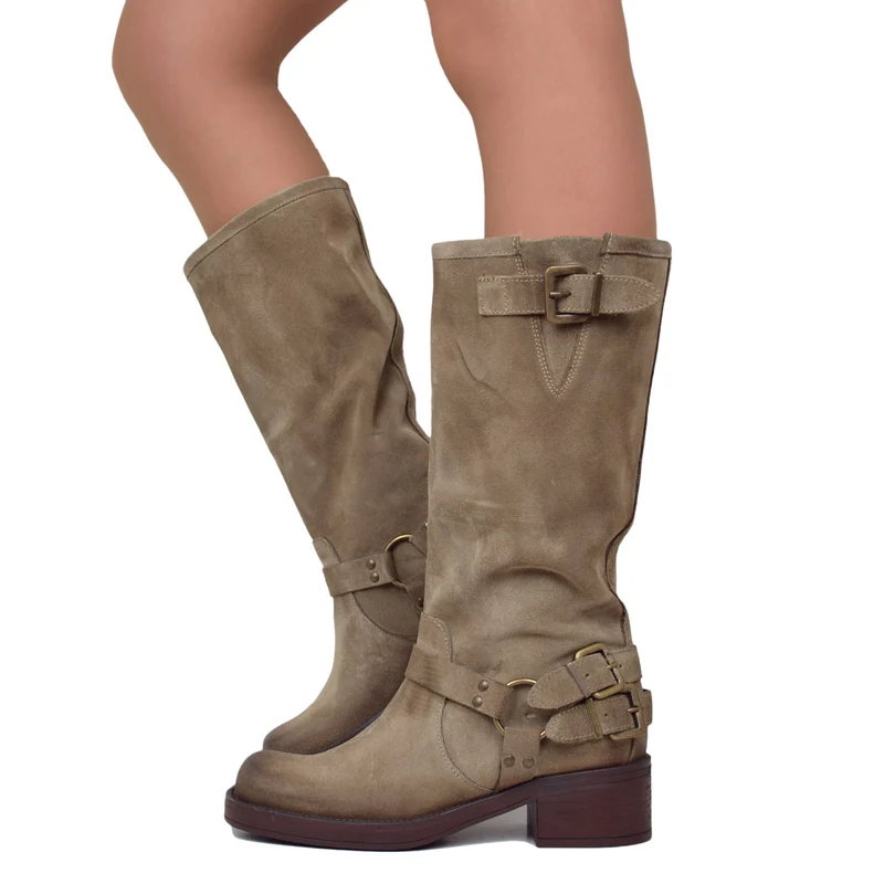 Stivali Biker Donna con Punta Squadrata Taupe in Pelle Scamosciata