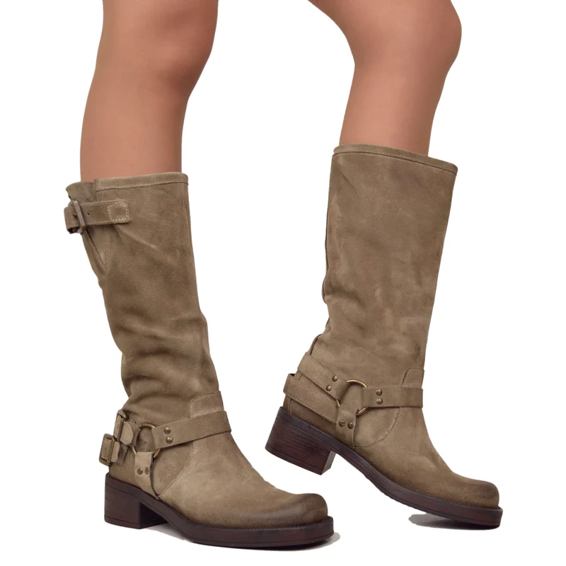 Stivali Biker Donna con Punta Squadrata Taupe in Pelle Scamosciata