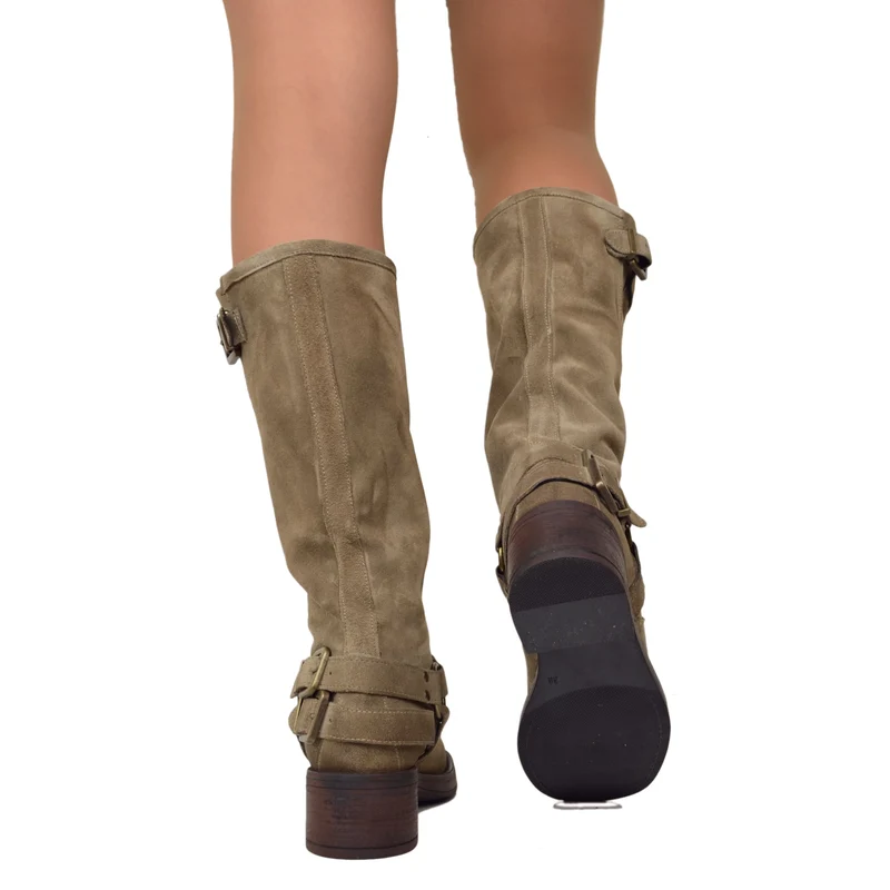 Stivali Biker Donna con Punta Squadrata Taupe in Pelle Scamosciata