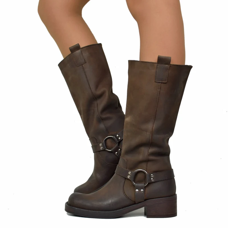 Stivali Donna Biker Marrone in Pelle Nabuk con Punta Squadrata