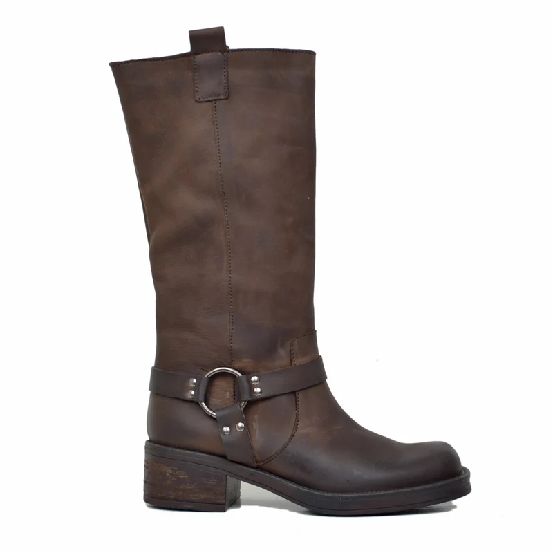Stivali Donna Biker Marrone in Pelle Nabuk con Punta Squadrata