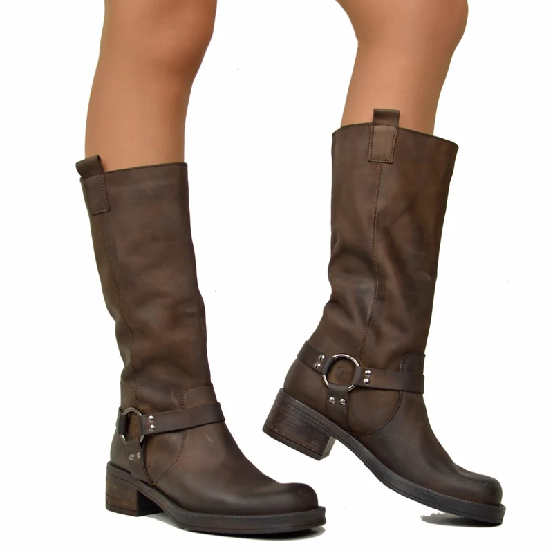 Stivali Donna Biker Marrone in Pelle Nabuk con Punta Squadrata