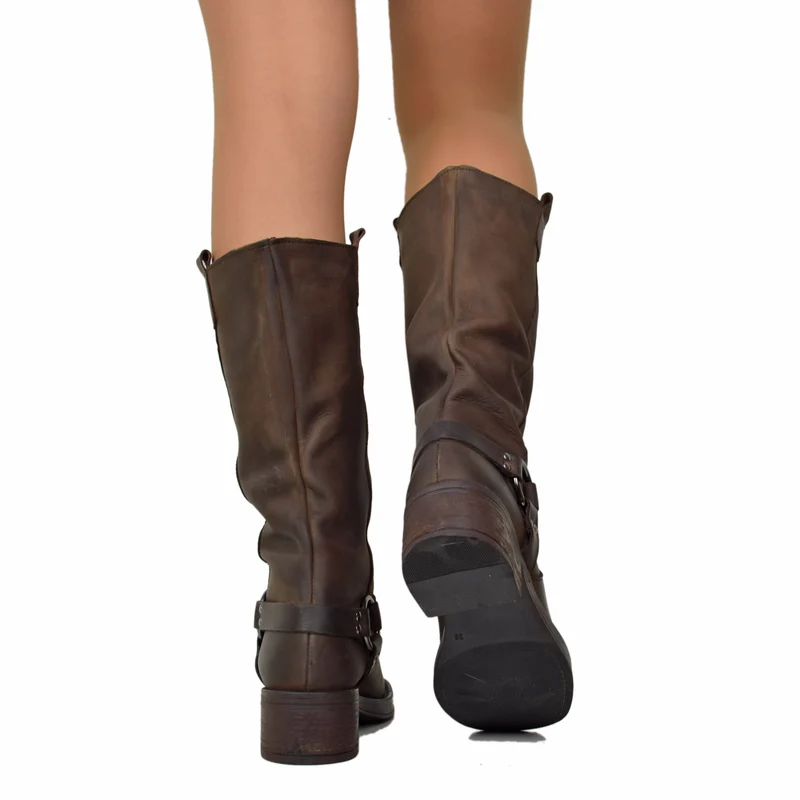 Stivali Donna Biker Marrone in Pelle Nabuk con Punta Squadrata