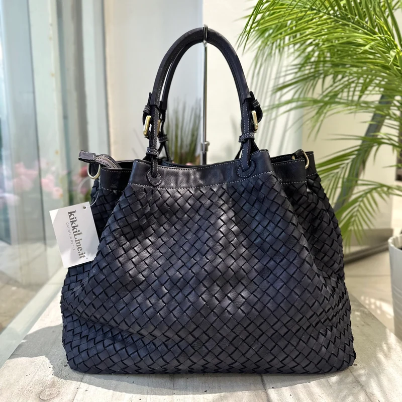 Borsa Grande Intrecciata a Mano in Vera Pelle Luxury con Traccola Blu Scuro