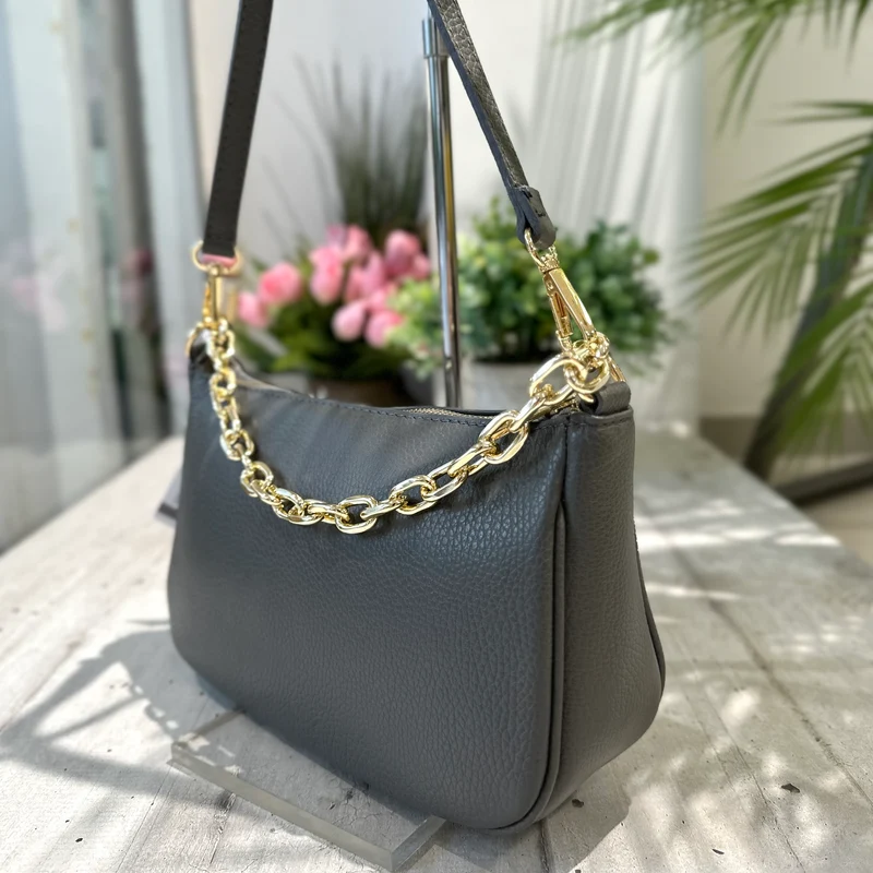 Borsa in Pelle Classica Grigio con Catena a Spalla