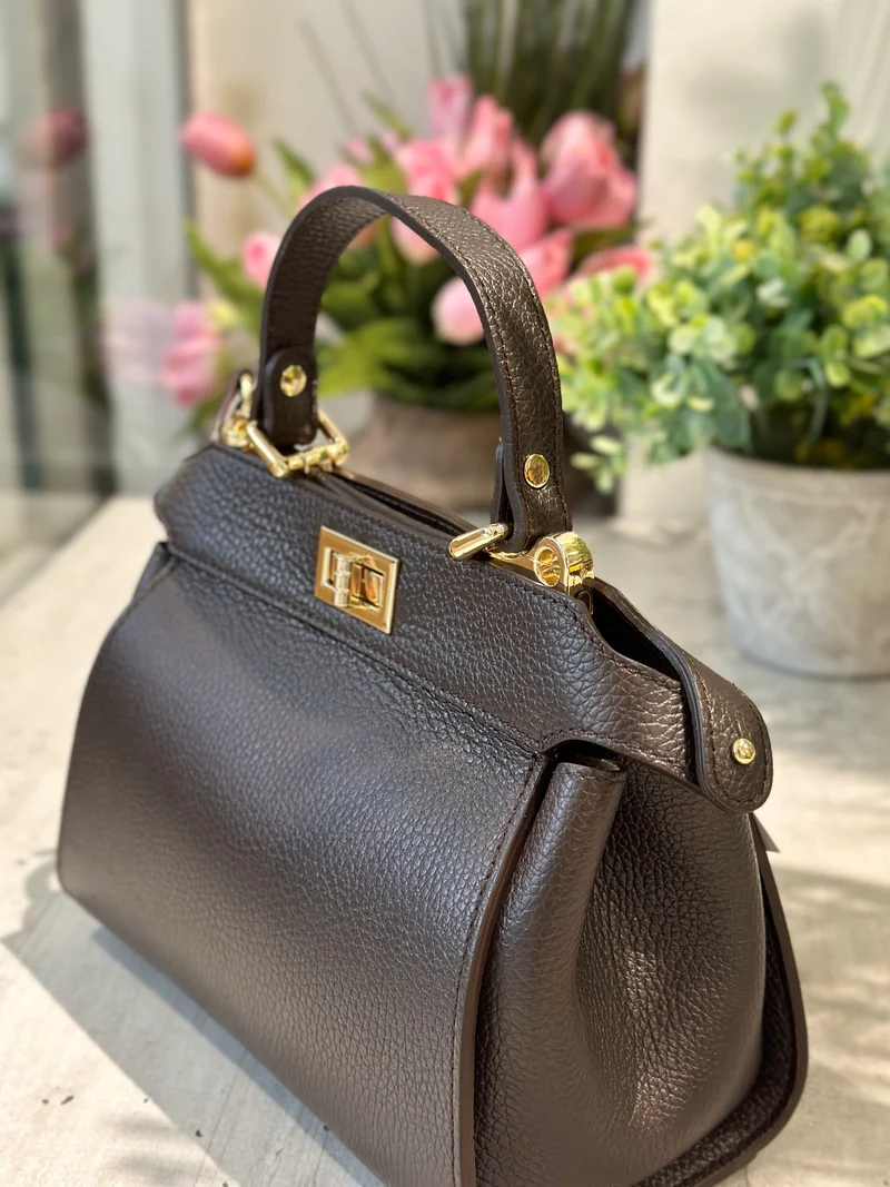 Borsetta Valigetta a Mano Dettagli Dorati Elegante Vera Pelle Marrone