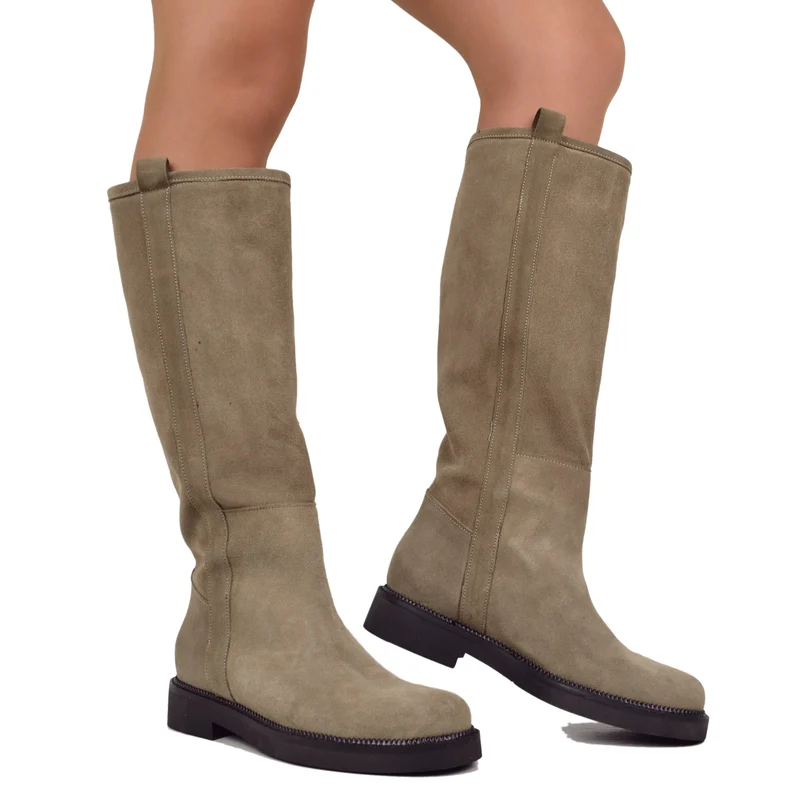 Stivali Camperos Taupe in Pelle Vintage Scamosciata Made in Italy