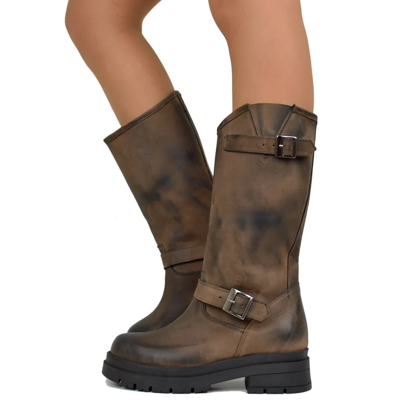 Stivali Biker Donna Marroni con Fibbie Regolabili Made in Italy
