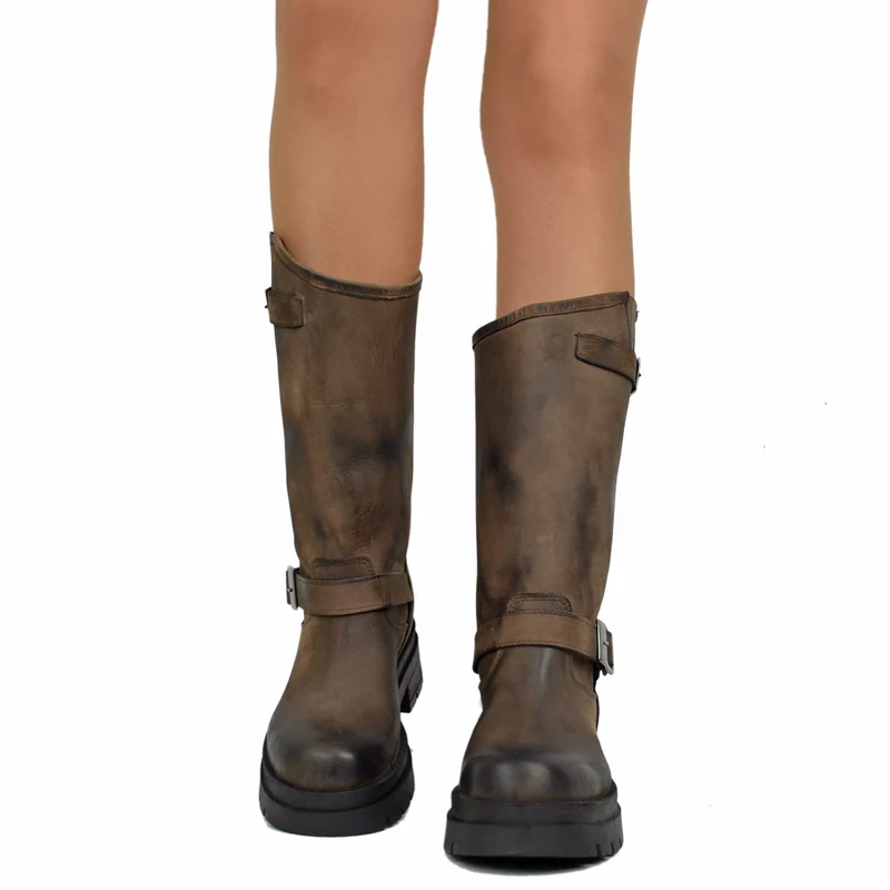 Stivali Biker Donna Marroni con Fibbie Regolabili Made in Italy