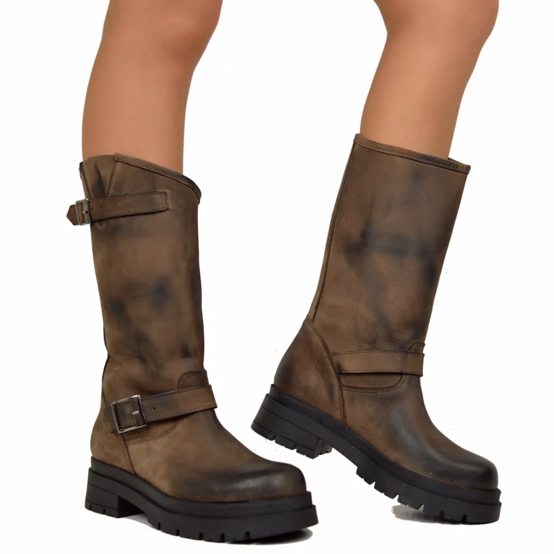 Stivali Biker Donna Marroni con Fibbie Regolabili Made in Italy