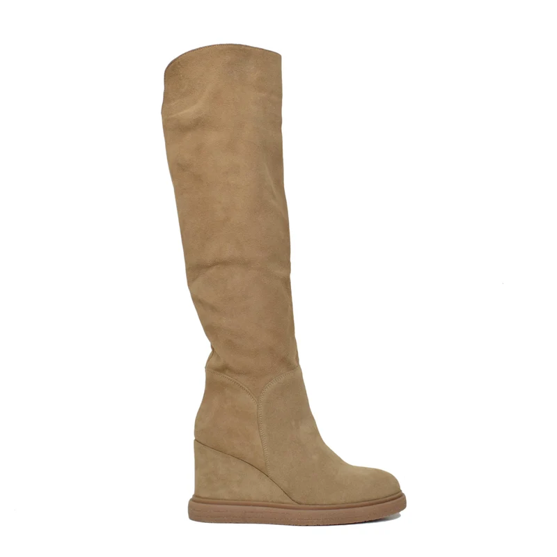 Stivali Donna in Pelle Scamosciata Beige con Zip e Zeppa Platform