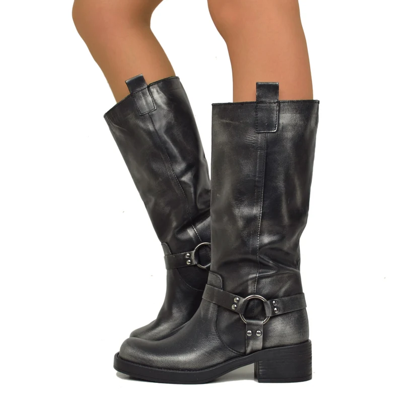 Stivali Donna Biker in Pelle Vintage Sfumata Punta Squadrata