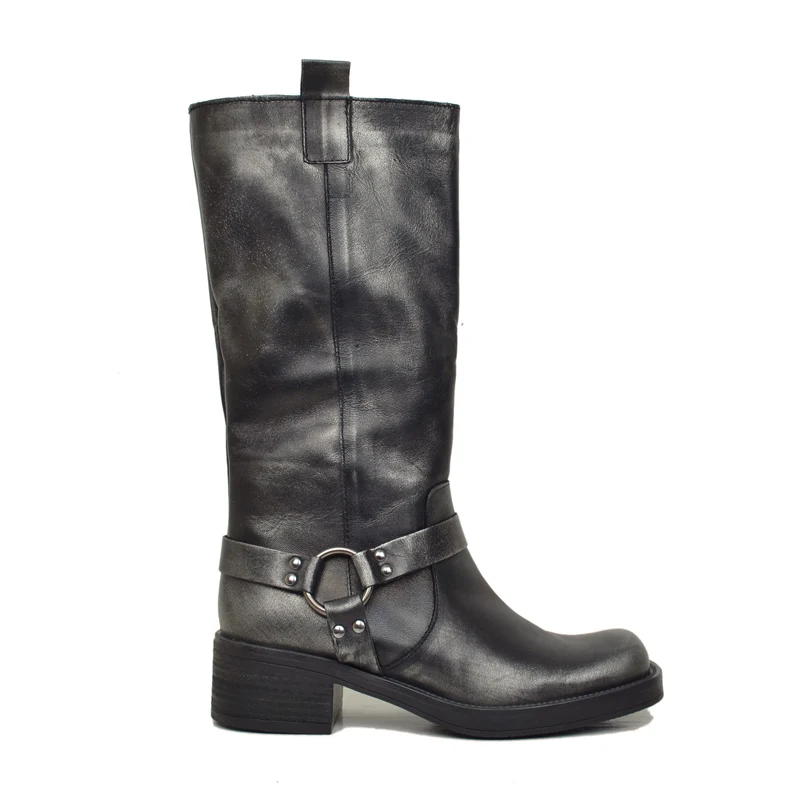 Stivali Donna Biker in Pelle Vintage Sfumata Punta Squadrata