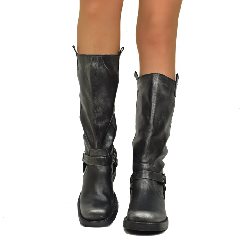 Stivali Donna Biker in Pelle Vintage Sfumata Punta Squadrata