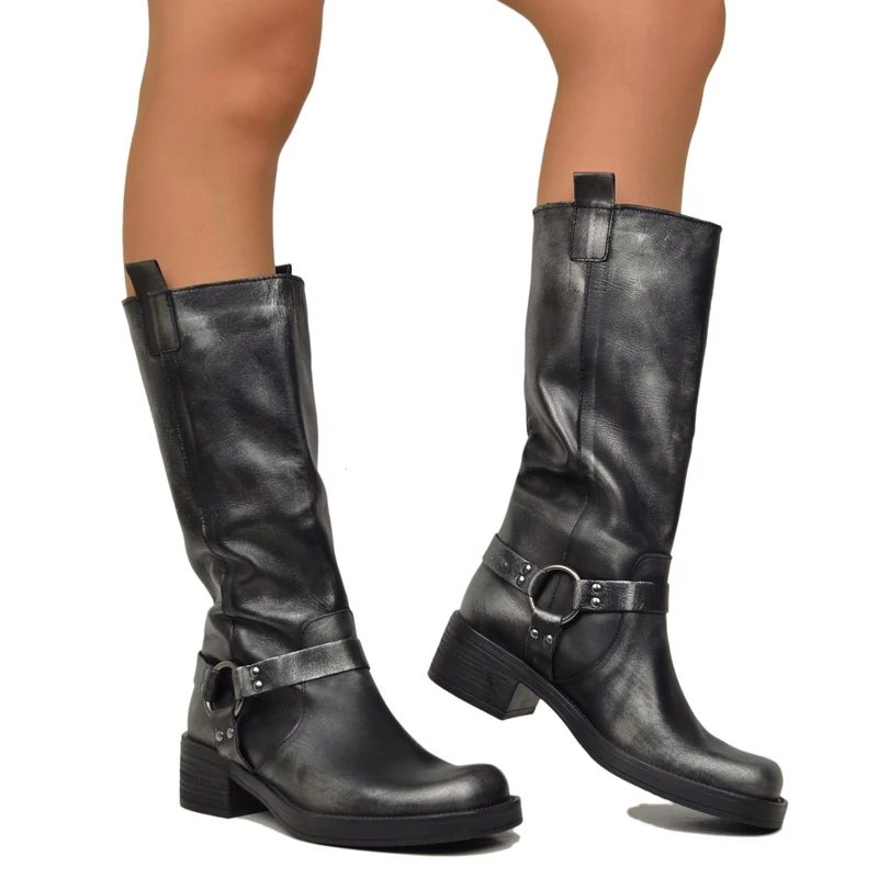 Stivali Donna Biker in Pelle Vintage Sfumata Punta Squadrata