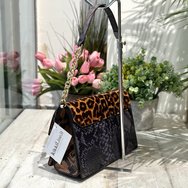 Borsa Patchwork Cartella in Pelle con Catena a Spalla e Tracolla Regolabile Cavallino
