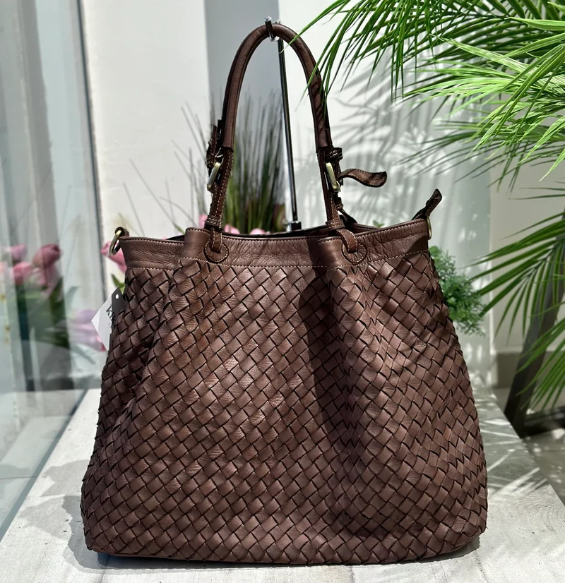 Borsa Grande Intrecciata a Mano in Vera Pelle Luxury con Traccola Marrone