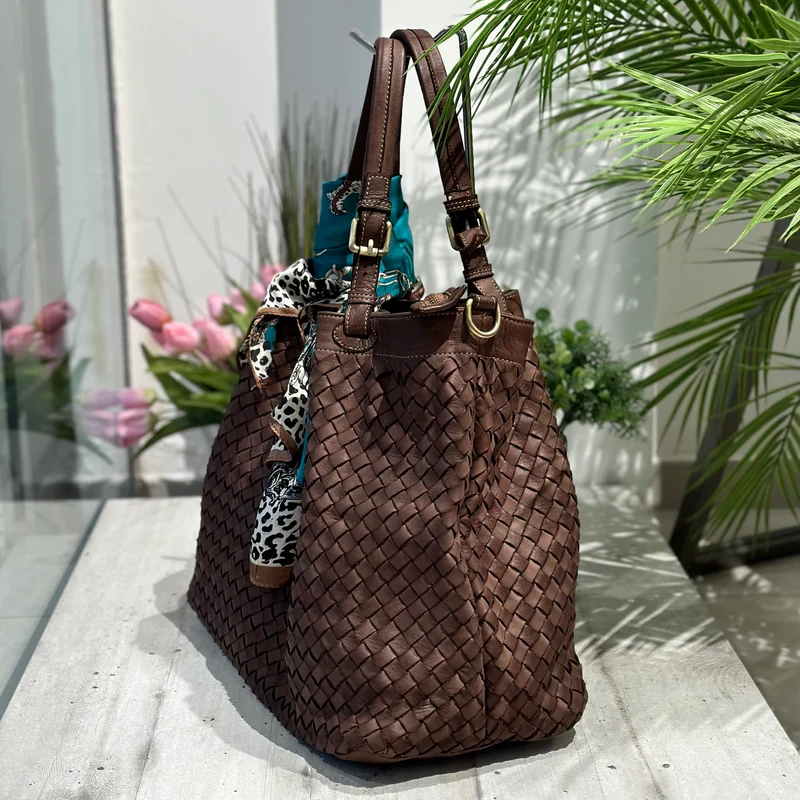 Borsa Grande Intrecciata a Mano in Vera Pelle Luxury con Traccola Marrone