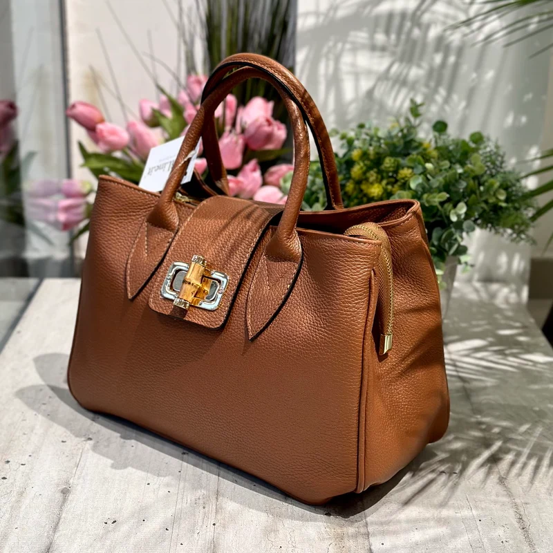 Borsa a Mano Baule Grande Capiente Chiusura Bamboo e Zip Vera Pelle Cuoio