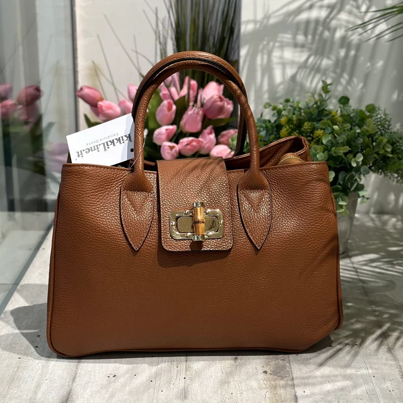 Borsa a Mano Baule Grande Capiente Chiusura Bamboo e Zip Vera Pelle Cuoio