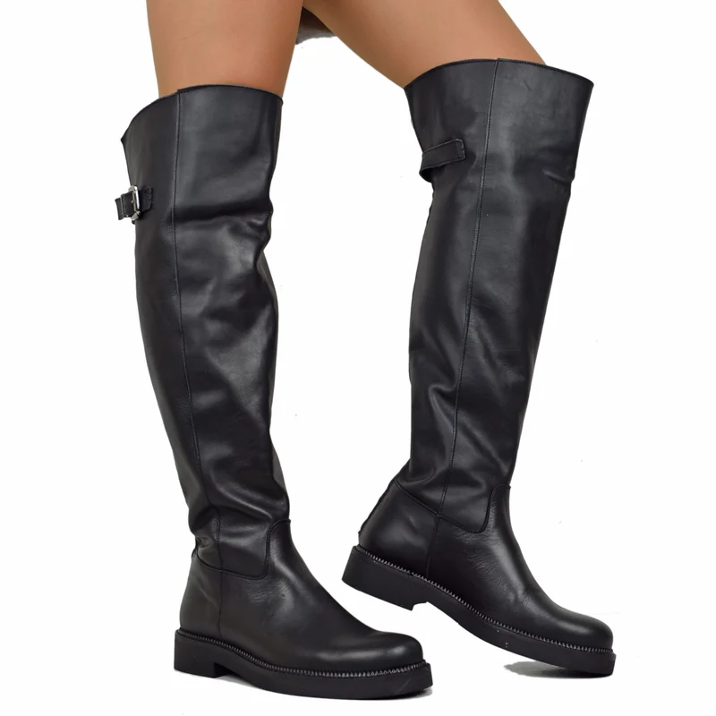 Stivali Donna Overknee con Zip e Fibbia Regolabile Made in Italy