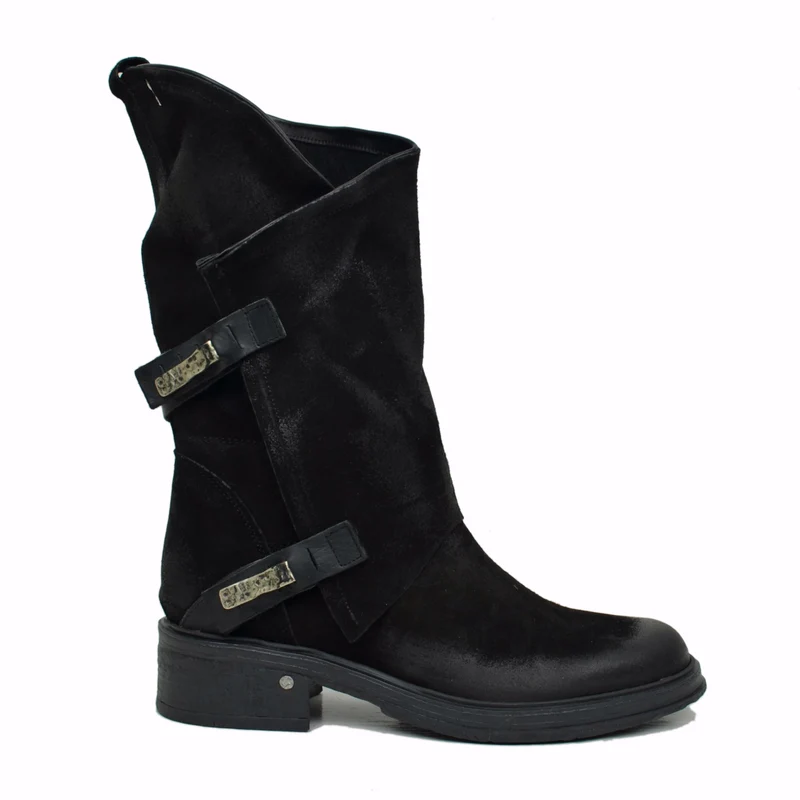 Stivali Donna Biker Black in Pelle Scamosciata Vintage con Zip