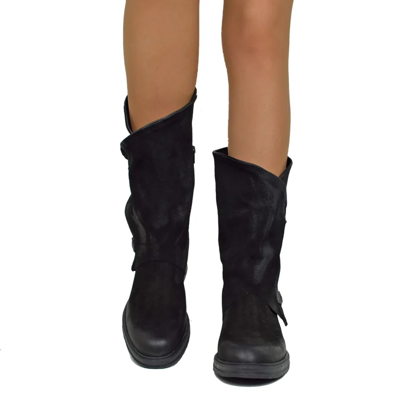 Stivali Donna Biker Black in Pelle Scamosciata Vintage con Zip