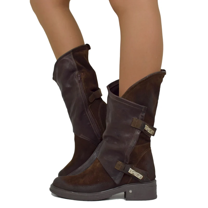 Stivali Donna Biker Marroni in Pelle Scamosciata Vintage