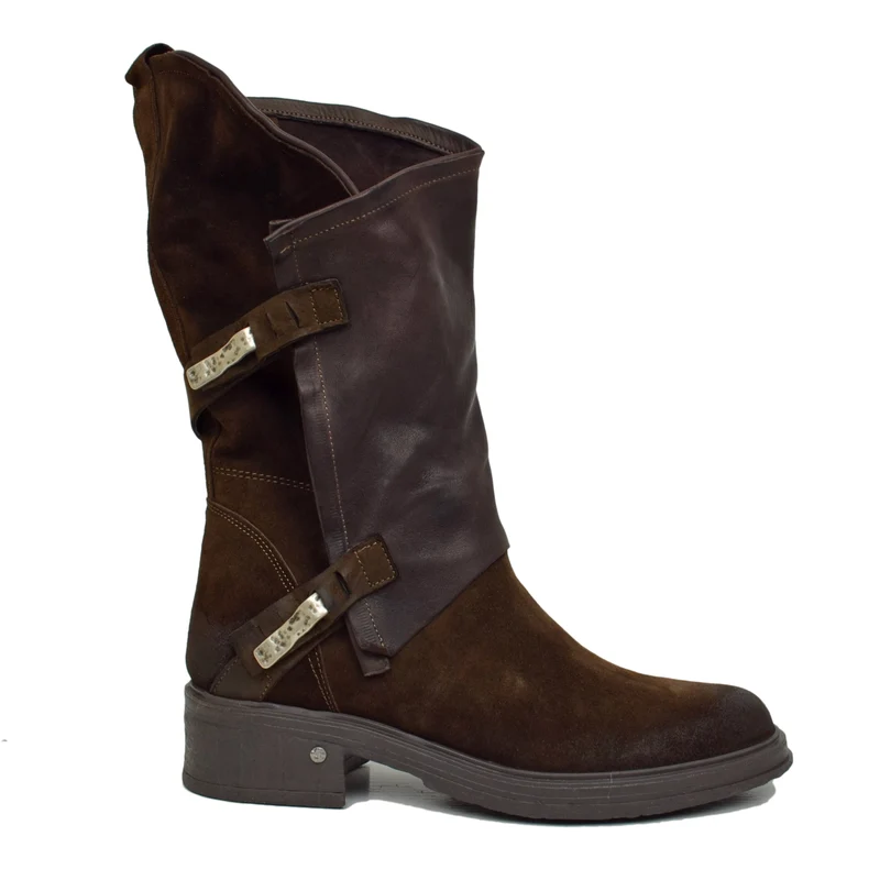 Stivali Donna Biker Marroni in Pelle Scamosciata Vintage