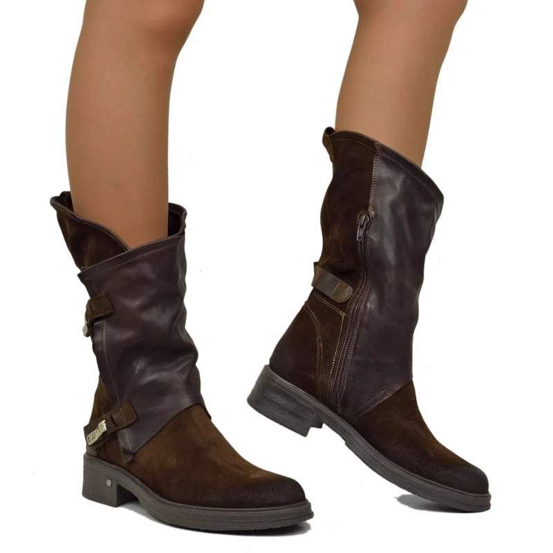 Stivali Donna Biker Marroni in Pelle Scamosciata Vintage