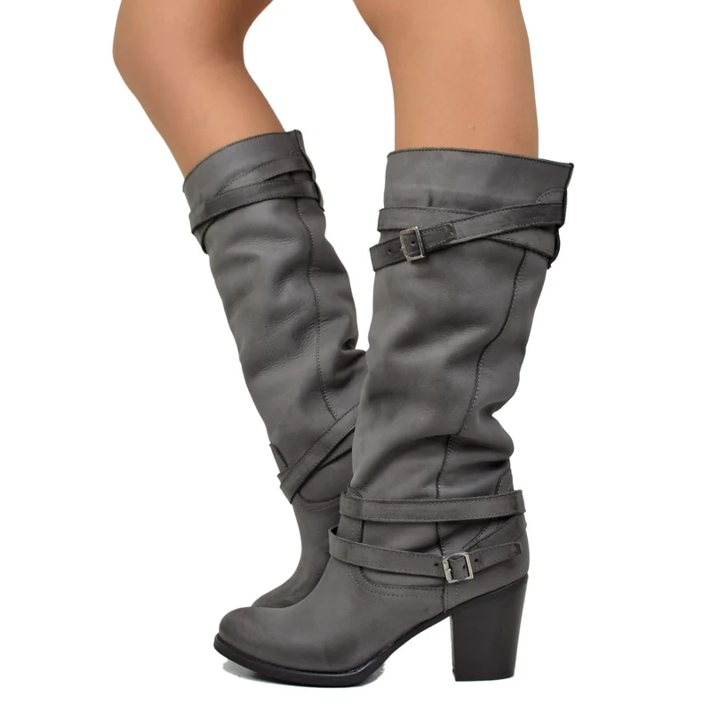 Stivali Donna in Vera Pelle Nabuk con Tacco Medio Grigio Scuro