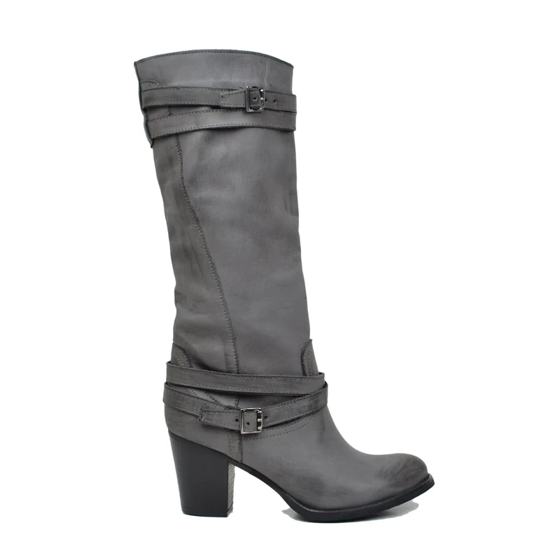 Stivali Donna in Vera Pelle Nabuk con Tacco Medio Grigio Scuro