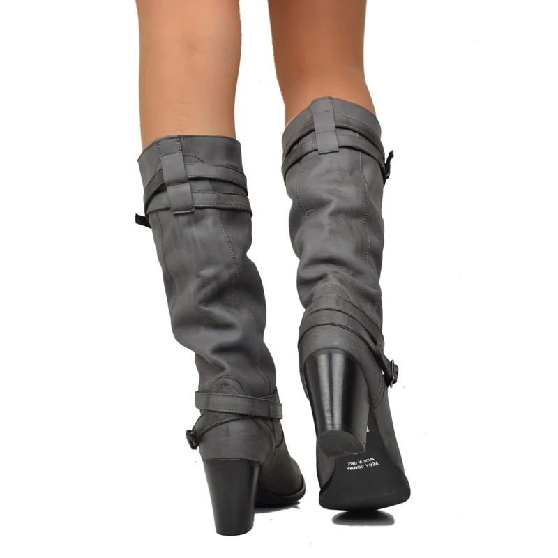 Stivali Donna in Vera Pelle Nabuk con Tacco Medio Grigio Scuro