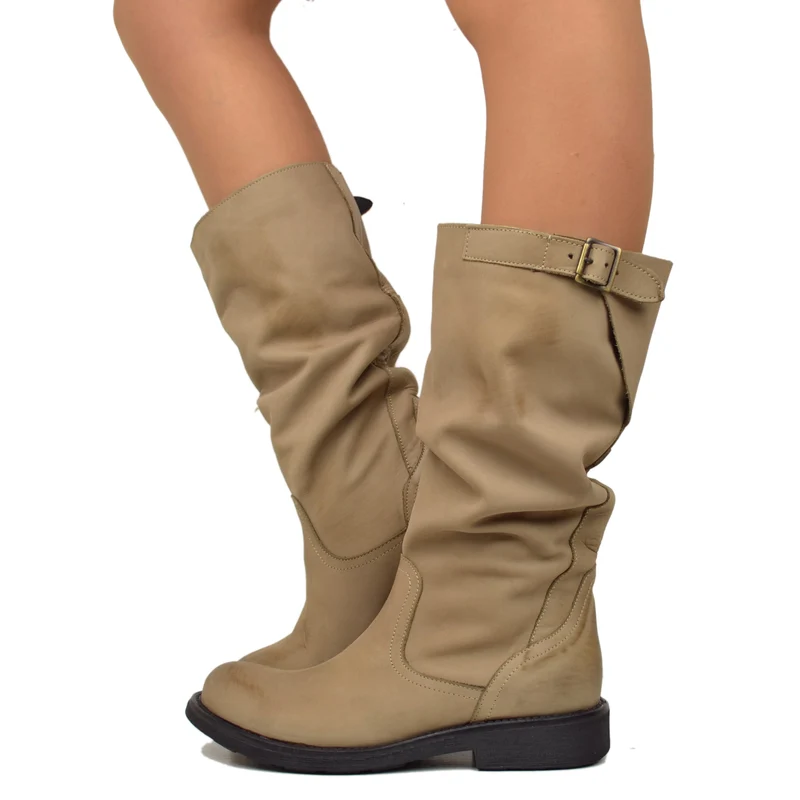 Stivali Biker Boots a Metà Polpaccio in Pelle Vintage Taupe