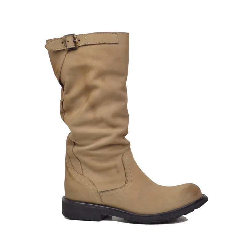 Stivali Biker Boots a Metà Polpaccio in Pelle Vintage Taupe