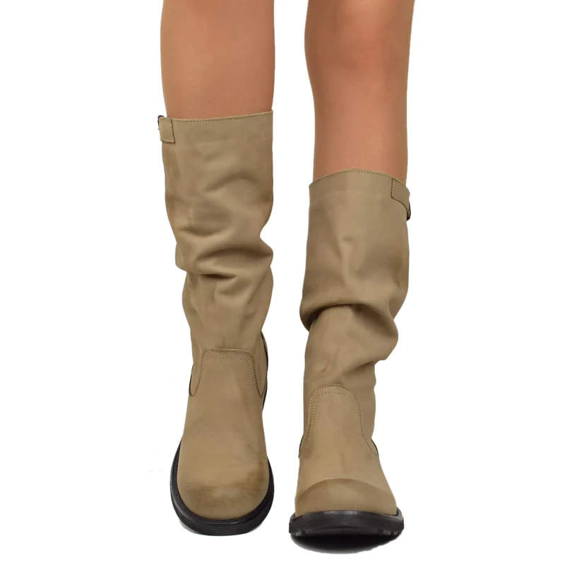 Stivali Biker Boots a Metà Polpaccio in Pelle Vintage Taupe
