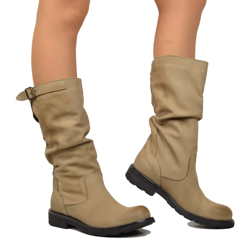 Stivali Biker Boots a Metà Polpaccio in Pelle Vintage Taupe