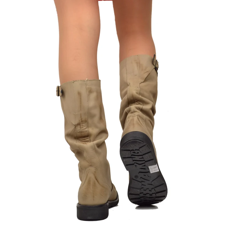 Stivali Biker Boots a Metà Polpaccio in Pelle Vintage Taupe
