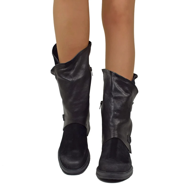 Stivali Donna Biker Neri in Pelle Scamosciata Vintage con Zip
