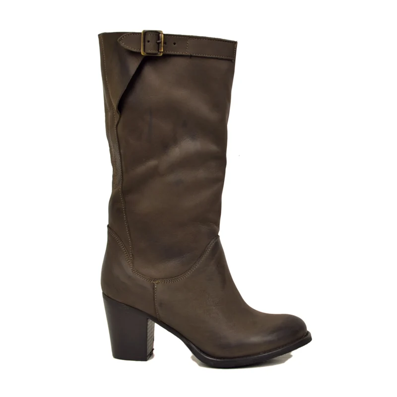 Stivali Donna Tacco Medio Gambale in Vera Pelle Nabuk Marrone Scuro