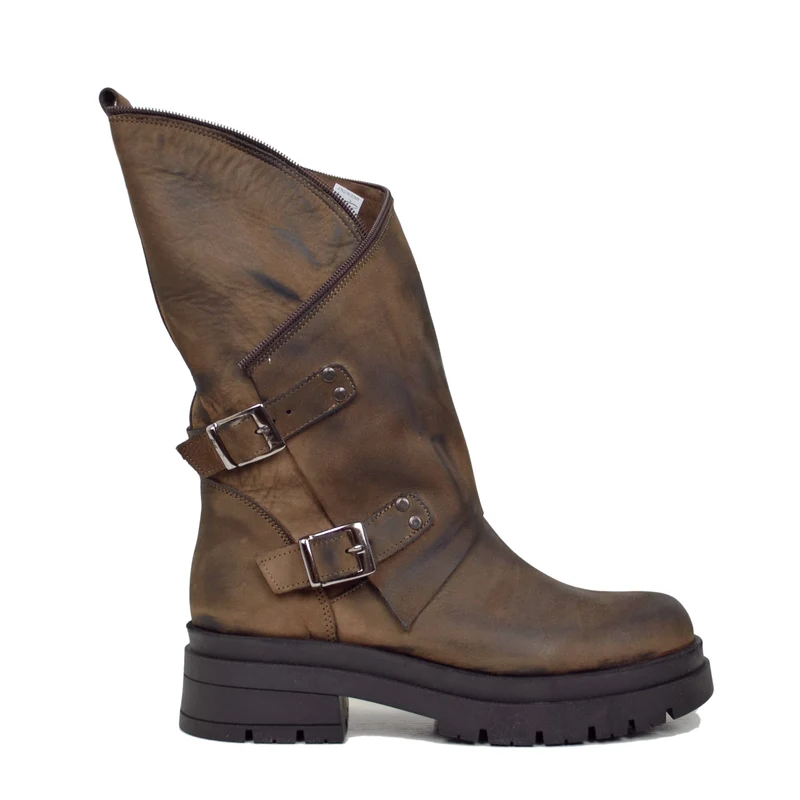 Stivali Donna Biker Marroni con Fibbie e Zip Laterale Made in Italy