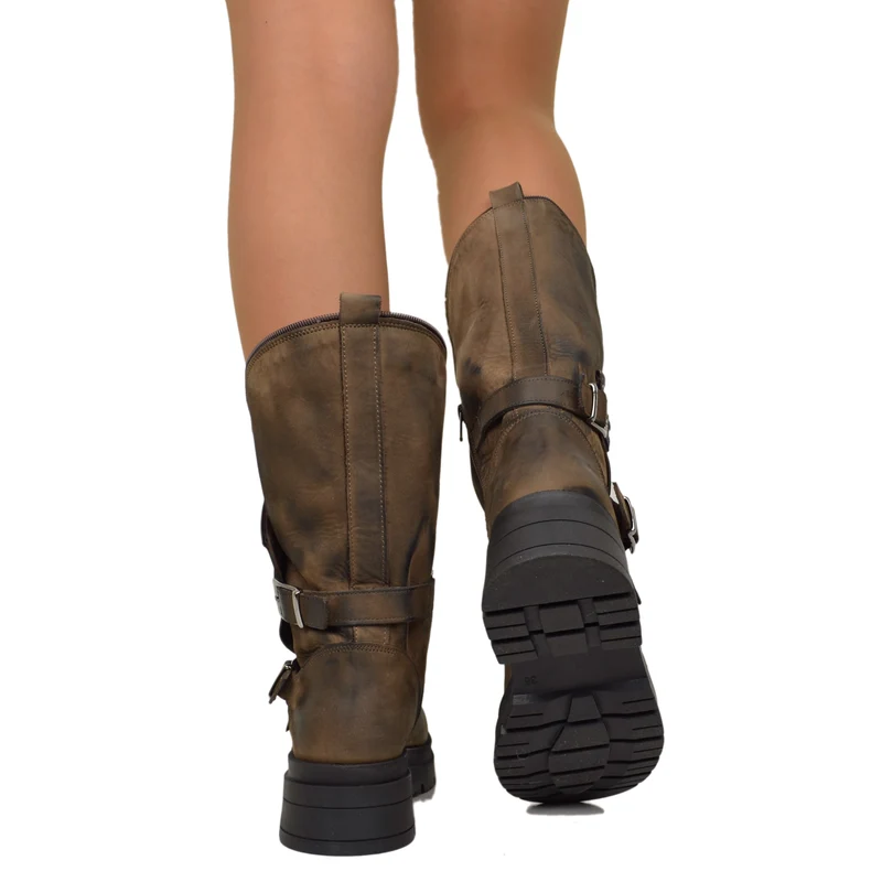 Stivali Donna Biker Marroni con Fibbie e Zip Laterale Made in Italy