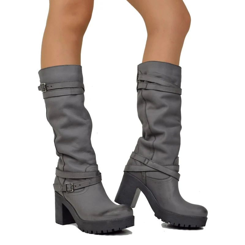 Stivali Platform Donna in Nabuk Grigio con Cavigliera Made in Italy